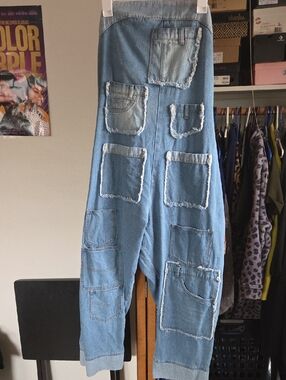 Denim Patchwork Jogger Strapless Jumpsuit - Light Blue